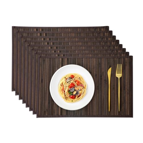 Bamboo Placemats Set of 8 with Fabric Border, Table Mats, Walnut - color: Walnut, size: Set of 8