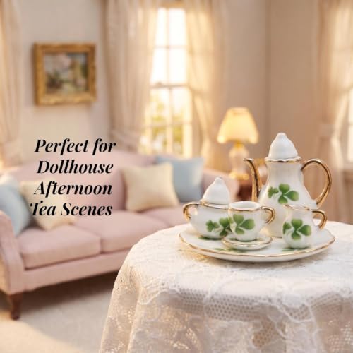 Miniature Tea Set 1/6 Scale Dollhouse Accessories Porcelain Lucky Clovey - color: Lucky Clover