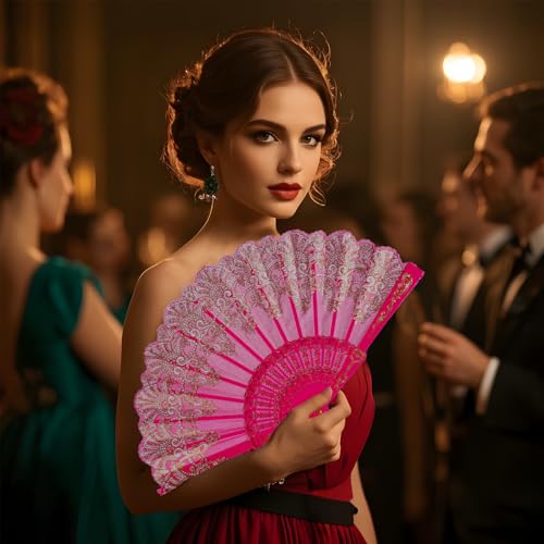 QIRMIZI 30 Pack Folding Handheld Fans,Silk Spanish Fan, Perfect for Weddings, Parties, and Dancing,Deeppink - color: Deeppink, size: 30 PACK