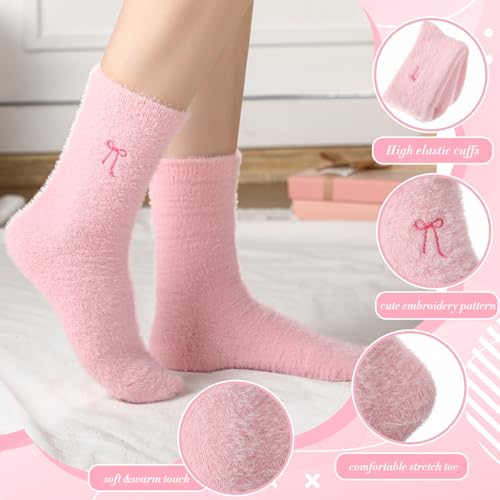 Geyoga 5 Pairs Fuzzy Bow Socks for Women Fluffy Slipper Gift - color: Pink