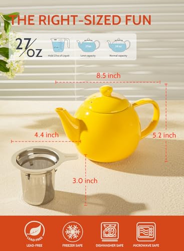 Sweese Teapot, Porcelain Tea Pot with Stainless Steel Infuser, Blooming & Loose Leaf Teapot - 27 ounce, Yellow - color: Yellow, size: 27oz (with infuser)