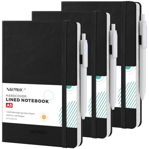 Lined Journal Notebook with Pen, A5 (5.7"x8.4"), Hardcover, Black, 3 Pack - color: 3 Black, size: A5
