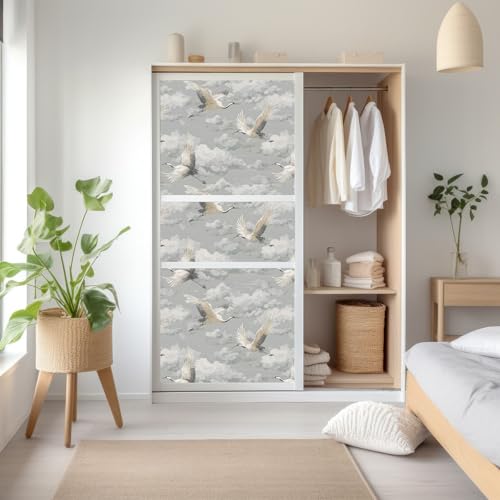 Vintage Crane Cloud Peel and Stick Wallpaper, Chinoiserie Gray Wallpaper - size: 17.7" x 118"