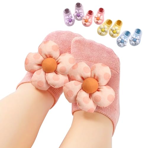 4Packs Baby Girls Socks,Flower Non-Slip Grips for Babies Toddler Princess - color: Purple Yellow Pink Light Bule
