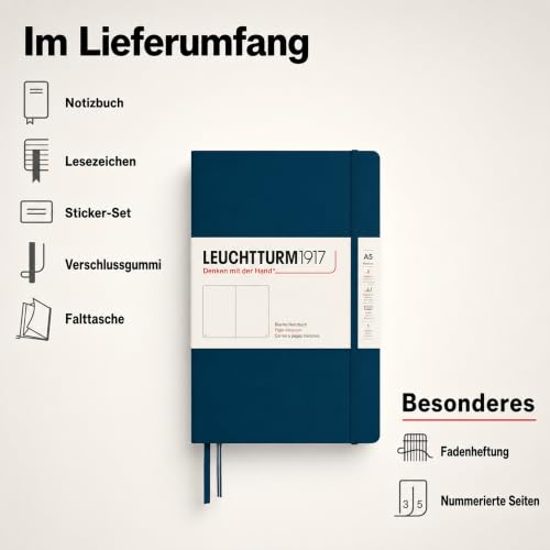 LEUCHTTURM1917 - Notebook Hardcover Medium A5-251 Numbered Pages for Writing and Journaling - Thinking Ahead (Plain Paper, Deep Sea) - color: Deep Sea, style: Minimalist