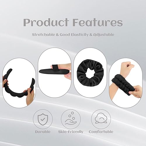 7Pc Headband and Wristband Set for Skincare, Face Washing, Makeup Removal - Includes Terry Cloth Headbands, Facial Sponges, and Powder Puffs in Black - color: Black