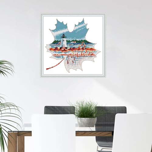 CROSSDECOR Stamped Cross Stitch Kits Pre-Printed in Aida Cloth Cross-Stitching 14CT Embroidery Starter Kits DIY Cross Stitch Kits for Adults,the View from the Maple Leaf 10.6×10.5in - color: the View from the Maple Leaf 10.6×10.5in