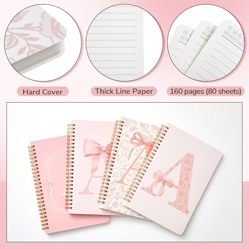 4 Pack Pink Alphabet Bow Notebooks for Teen Girl & Women, Cute Supplies, A5 - color: Pink, style: Alphabet Style