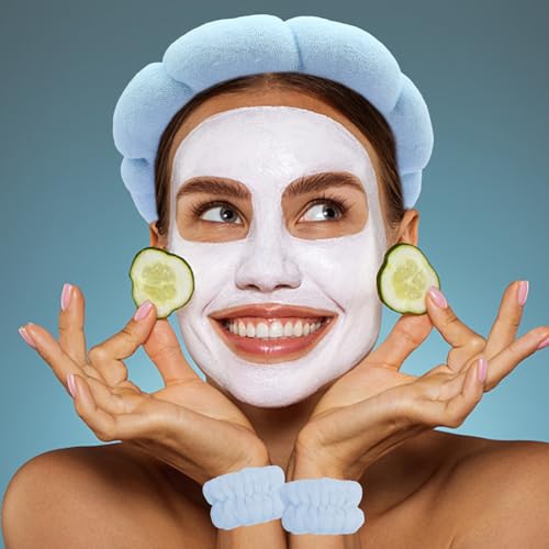 Blue Skincare Bubble headband and wristband set for Face Washing - color: Blue