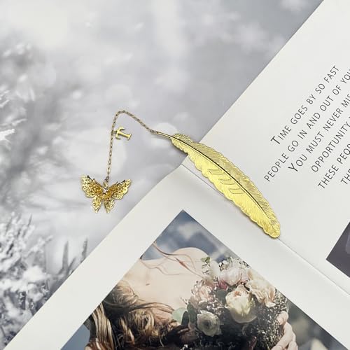 Initial Letter and Butterfly Charm Metal Feather Bookmark (Gold-T) - style: Gold-T