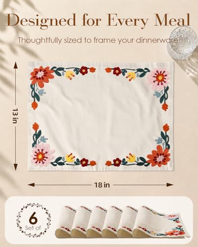 Embroidered Placemats Set of 6-13"x 18" 6PCS Embroidered Rustic Washable Fabric Place Mats Farmhouse Boho Dining Table Mats Dinner Placemats, Colorful Flower - color: Colorful Flower