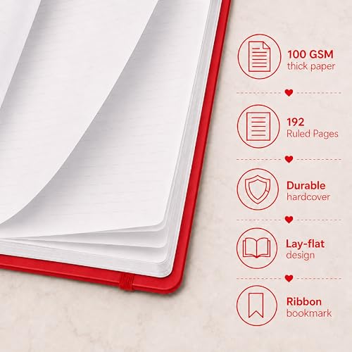 Eccolo Cool Jazz Hardbound Writing Journal, 192-Page Lined Paper, Lay-Flat - color: Red, size: Medium - (6-x-8.5 Inches)