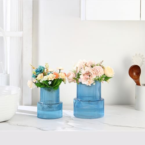 Ribbed Glass Vases for Bouquet, Set of 2 Blue Vases for Flowers, Blue Glass Vase for Tulips, Modern Vase for Living Room, Office, Coffe Table, Dining Table, Shelf, Wedding - color: Blue, size: Large+Medium