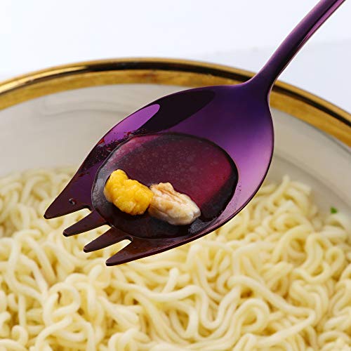 Buyer Star Purple Sporks 2 in 1 Spoons Forks 5 Pieces Stainless Steel Reusable Metal Korean Soup Dinner Spoons Camping Flatware - color: Purple