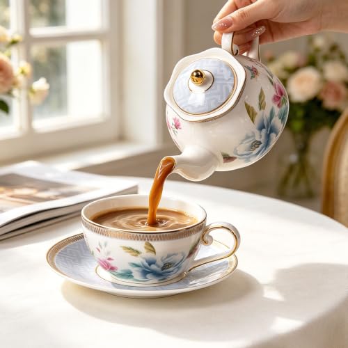 KAMMAK Tea for One Set, Ceramic Teapot, Bone China Tea Set, Cup and Saucer - color: Colorful-GH8