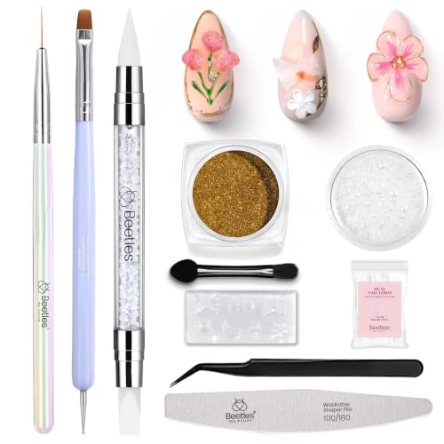 Beetles 3D Nail Art Brushes, Dual-ended Silicone Manicure Tool Gold Chrome - color: Silver White-2