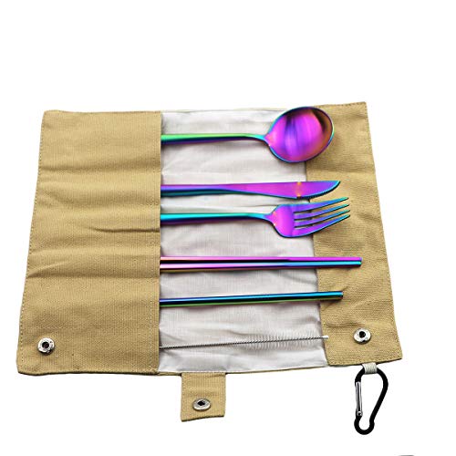 Luxury Rainbow Matte Portable 18/10 Stainless Steel Travel Flatware Sets of 7 Portable Camping Cutlery Set, Healthy & Eco-Friendly Flatware Set with Carrying Case for Travel or Camping - color: Rainbow, size: Khaki Pouch