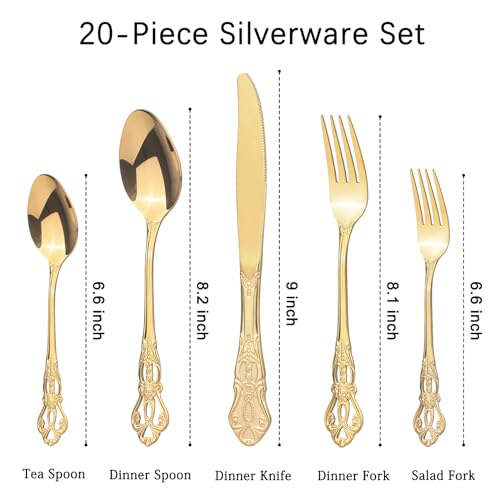 Retro Royal Gold Silverware Set With Gift Box, 20-Pieces Cutlery Set Utensils Stainless Steel Flatware For 4 MIKIWAY Kitchen Tableware Set For Gifts Festive, Dishwasher Safe, Mirror Polishing - color: A-Mirror Gold (Gift Box)