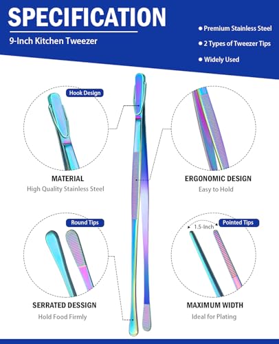 JETKONG 2 Pcs 9-Inch Culinary Tweezers Food Tweezers Kitchen Tweezer Tongs for Cooking (Rainbow) - color: Rainbow, size: 9+9 Inch