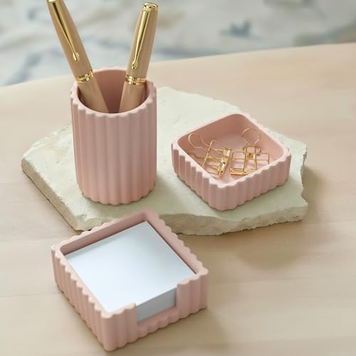 Modern Aesthetic Desk Accessories Set of 3 - Pink Concrete Organizers - color: Pink
