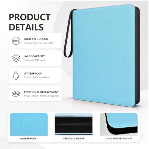 9 Pocket Zip Card Binder, Trading Card Album Holds 1080 Cards, Light Blue - color: Light Blue