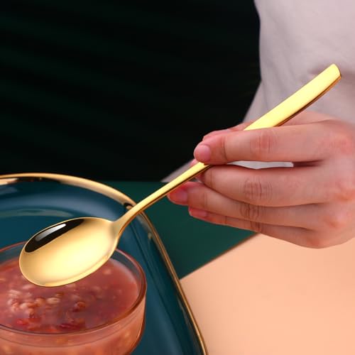 Metal Round Spoons, 8 inch Stainless Steel Reusable Long Handle Korean Soup Spoons, Table Dinner Desert Spoon Set of 8(Rose Gold) - size: Rose Gold