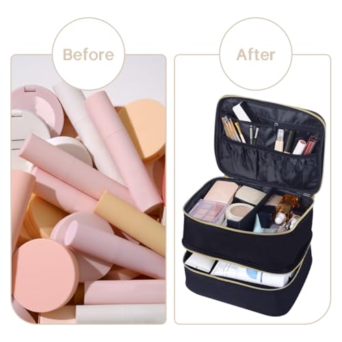 Double Layer Makeup Bag with Adjustable Dividers, Black - color: Black