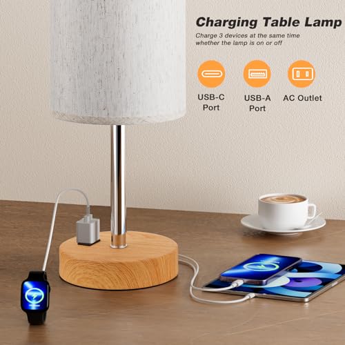 Fenmzee 17.4" Bedside Lamp for Bedroom - Dimmable Touch, USB A+C, AC Outlet - color: Cream Shade-Wood Base, size: 17.4"
