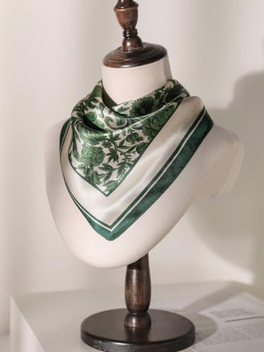 FEIBOON Mulberry Silk Scarf 21"x21" Small Square Scarfs for Women - color: Green Leaves