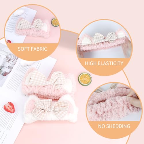PERFECTSIGHT Kawaii Headband for Spa, Makeup, Washing Face, Party - 2 Pack Cute Cat Ear Hair Band for Shower Beauty Skincare, Soft Facial Headbands for Girls and Women (White+Pink Bow) - color: White+Pink Bow