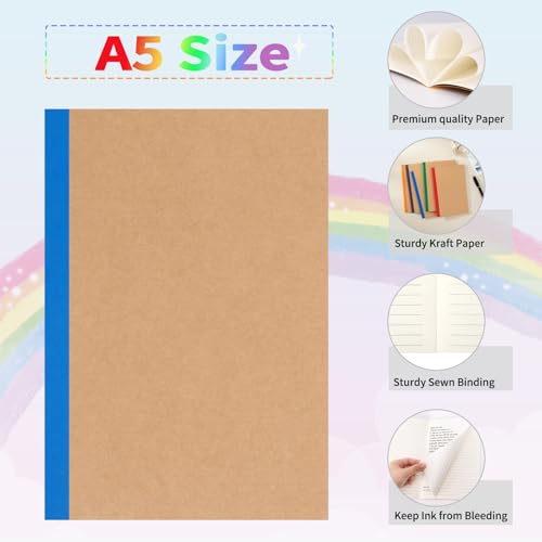 EOOUT 5 Pack A5 Composition Notebook, Kraft Lined Journal Bulk with Rainbow Spine, 5 Colors, 60 Pages for Women Girls Kids, School Office Supplies - color: Rainbow, style: Lined-5pack