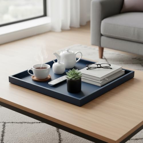 30 * 30 Inch Rectangular Ottoman Tray | Textured PU Leather, Waterproof & Heat-Resistant Storage for Coffee/Dining Tables, Sofa, Bed, Entertainment & Party (Navy Blue, 30 * 30in) - color: Navy Blue, size: 30" x 30" x 1.5"
