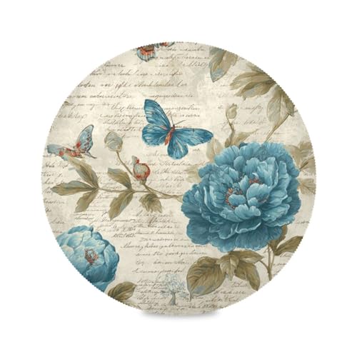 Blue Flower Butterfly Retro Pattern Round Placemats Washable ‌Heat Resistant‌ ‌Non-Slip Place Mats Table Place Mat for Kitchen Dining - color: Blue Flower Butterfly Retro Pattern, size: 15.4x15.4inx1