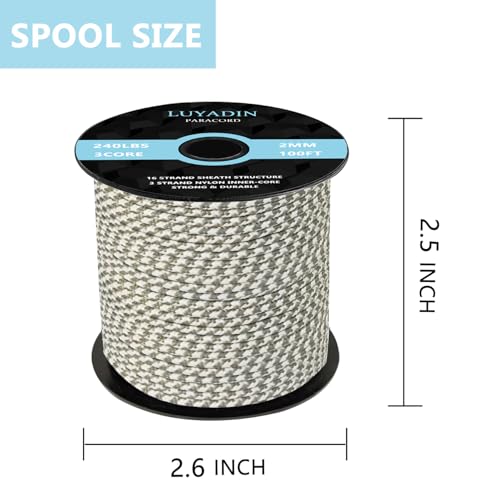 Paracord 240lb - Diameter 2mm Micro Utility Cord -3 Strand Parachute Spool Cord - 100ft 200ft,Paracord for Camping,Hiking,Fishing,Outdoor and DIY - color: Grey White Camo, size: 100 ft