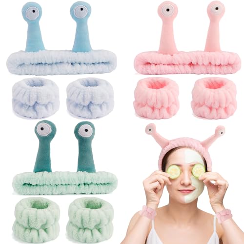 SuPoo 9 Pcs Skincare Headbands Snail Spa Headband and Wristband Set Alien Pink Face Wash Wristbands Cute Makeup Hair Band for Washing Face Wrap Head Towel Wrist Towels for Shower - color: Green blue pink