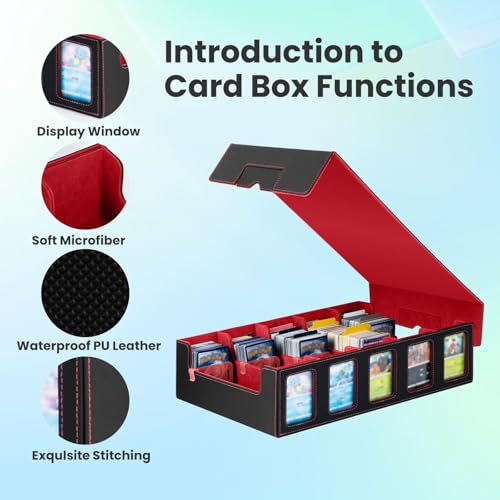 Trading Card Storage Box with Commander Display, 5-Row Deck Case with Removable Lid & Handle, 4000+ Card Organizer with 48 Colorful Dividers & 5 Stoppers for MTG, Black & Red - color: Black & Red, size: 4000+, with Handle