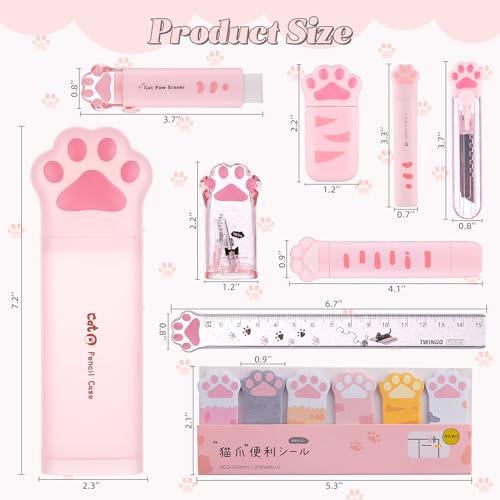 9 Pcs Cute Cat Paw Stationery Set Kawaii School Supplies Including Pencil Sharpener Retractable Eraser Correction Tape Sticky Notes Ruler Mini Scissors Utility Knife for Cat Lovers Students (Pink) - style: Style B(Pink)