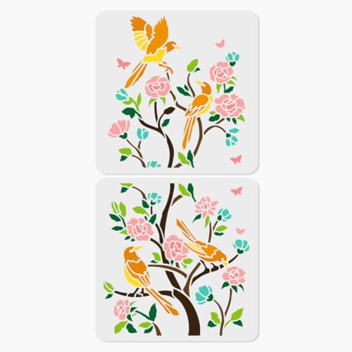 2pcs 11.8"x11.8" Chinoiserie Magpie on Tree Branch Wall Stencil Templates, Birds and Flower Reusable Plastic Stencil for Painting on Wood Floor Tile Fabric Glass Furniture DIY Home Decor - style: Magpie