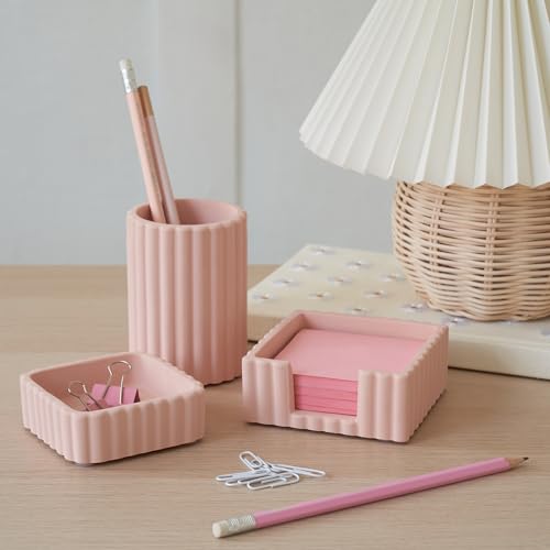 Modern Aesthetic Desk Accessories Set of 3 - Pink Concrete Organizers - color: Pink