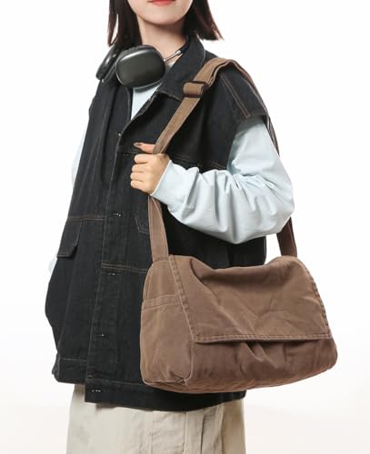 Messenger Bag for Women Men Satchel Bag Canvas Crossbody Shoulder Bag Casual Sling Bag - color: Coffee