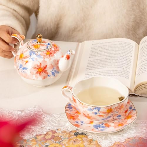 KAMMAK Tea for One Set, Ceramic Teapot, Bone China Tea Set, Cup and Saucer - color: Pink-XY1
