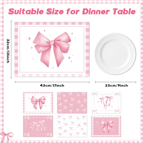 Pink Bow Placemats Set of 6 Cute Coquette Plastic Table Mat 17×13×0.04in - style: Pink Bow