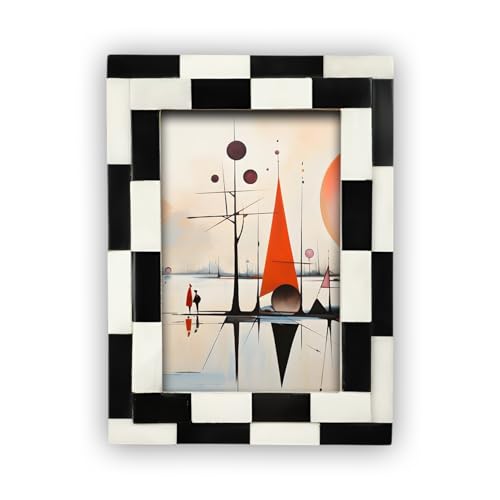 Handicrafts Home 4x6 Black & White Picture Frame – Handmade Bone Inlay Photo Frame from Silhouette Shuffled Collection, Checkered Geometric Design, Frame for Wall & Tabletop, Boho Home Decor & Gift - color: SILHOUETTE-SHUFFLED, size: 4X6