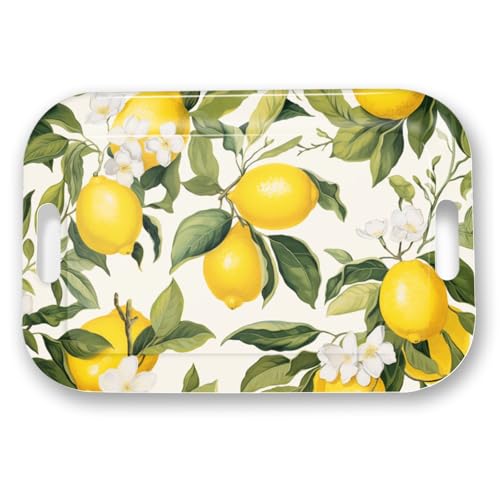 Serving Trays with Handles, 14.5 x 9.8 inch Rectangular Plastic Tray for Restaurant, Kitchen, Lemon and Leaves - color: Lemon and Lemon