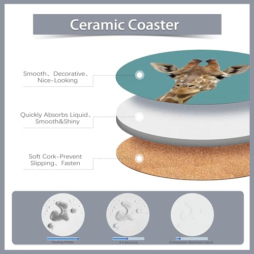 6 Pcs Coasters for Drinks with Holder,Funny Giraffe Absorbent Coaster with Cork Backing,Great Gift for Housewarming,Room Decor,Bar,Holiday Party - color: Funny Giraffe