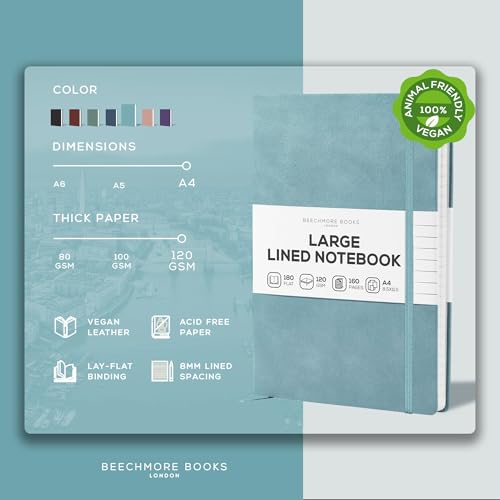 BEECHMORE BOOKS A4 8.5x11.5 Lined Leather Journal For Men 120 GSM, Gift Box - color: Arctic Teal, size: A4 - 8.5" x 11.5" Large