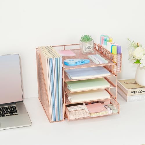 5-Tier Desk File Organizer with Drawer & Pen Holder (Rose Gold) - color: Rose Gold