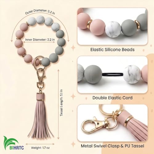 BIHRTC Key Ring Bracelet Car Keychain Holder Wristlet Silicone Women Beaded Bangle Chains - color: Grey Pink