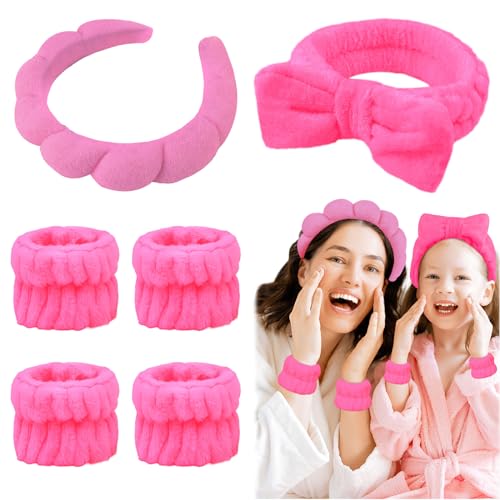 6 Pcs Terry Cloth Headband and Wristbands Set - Sponge Makeup Removal Headbands for Skincare, Shower, and Face Washing - color: Rose