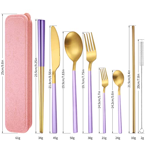 AARainbow 8 Pieces Stainless Steel Flatware Set Portable Reusable Cutlery Set Travel Utensils Set Including Chopsticks Knife Fork Spoon Straws Cleaning Brush Dishwasher Safe (B-Purple Golden) - color: B-Purple Golden